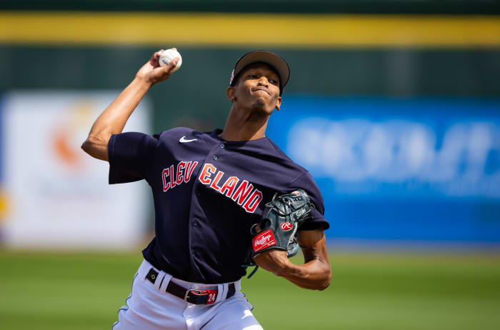 Mar 16, 2023; Goodyear, Arizona, USA; Cleveland Guardians pitcher Triston McKenzie against the Chicago White Sox during a spring training game at Goodyear Ballpark. Mandatory Credit: Mark J. Rebilas-USA TODAY Sports